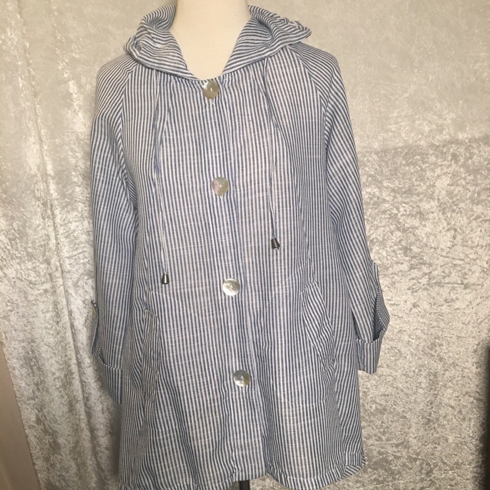 Jones New York Nautical stripes Hoodie Linen Blend lightweight Jacket Size S